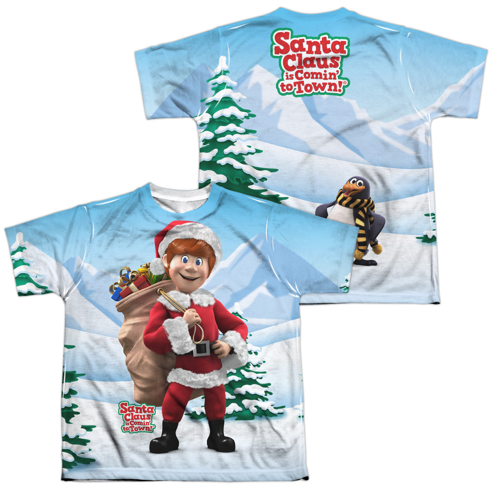 Santa Claus Is Comin To Town - Helpers (Front/back Print) - Short Sleeve Youth Poly Crew - White T-shirt