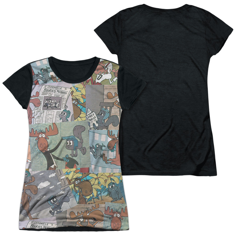 Rocky & Bullwinkle - Collage - Short Sleeve Junior Poly Black Back - White T-shirt