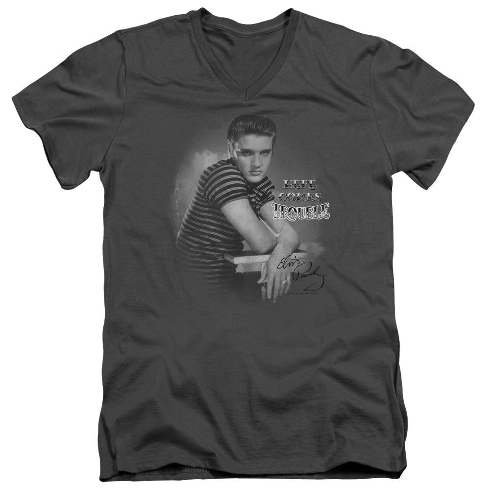 Elvis Presley - Trouble - Short Sleeve Adult V-neck - Charcoal T-shirt