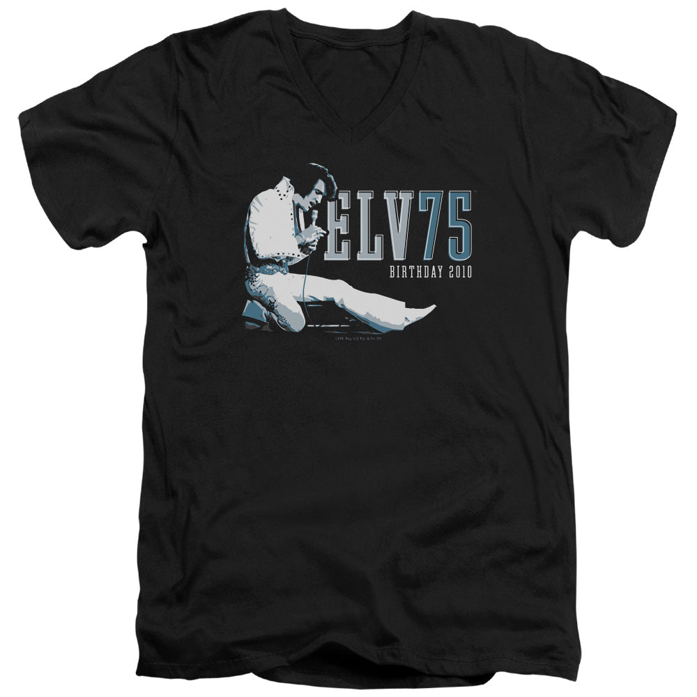 Elvis Presley - Elv 75 Logo - Short Sleeve Adult V-neck - Black T-shirt