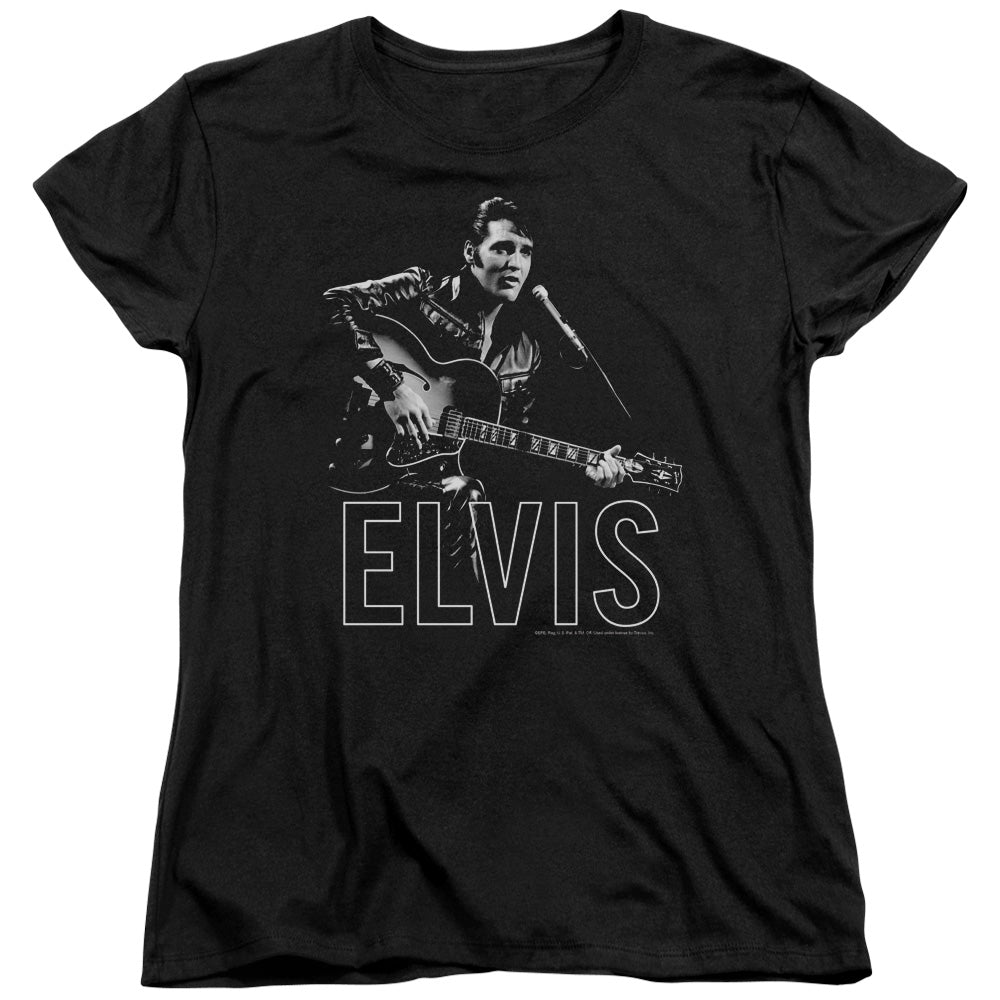 Elvis Presley - Guitar In Hand - Short Sleeve Womens Tee - Black T-shirt