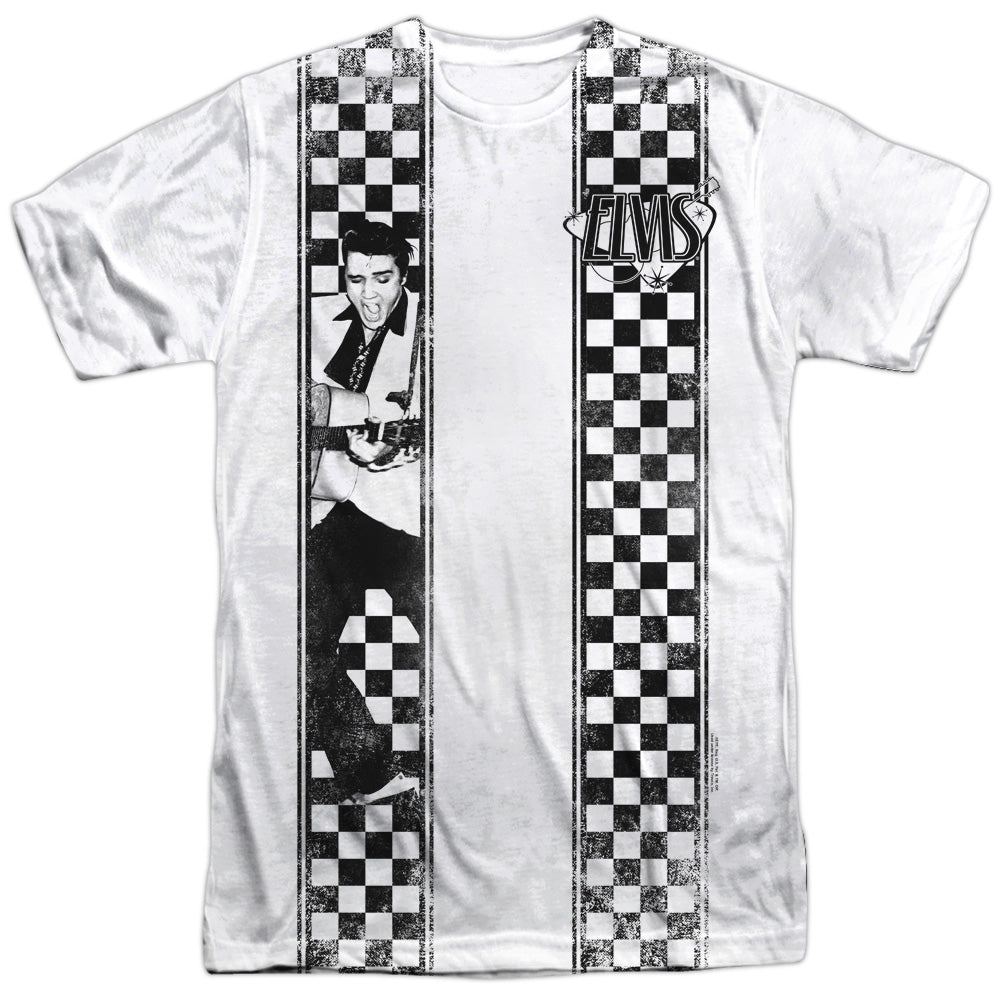 ELVIS PRESLEY CHECKERED BOWLING SHIRT - S/S ADULT 100% POLY CREW - WHITE T-Shirt