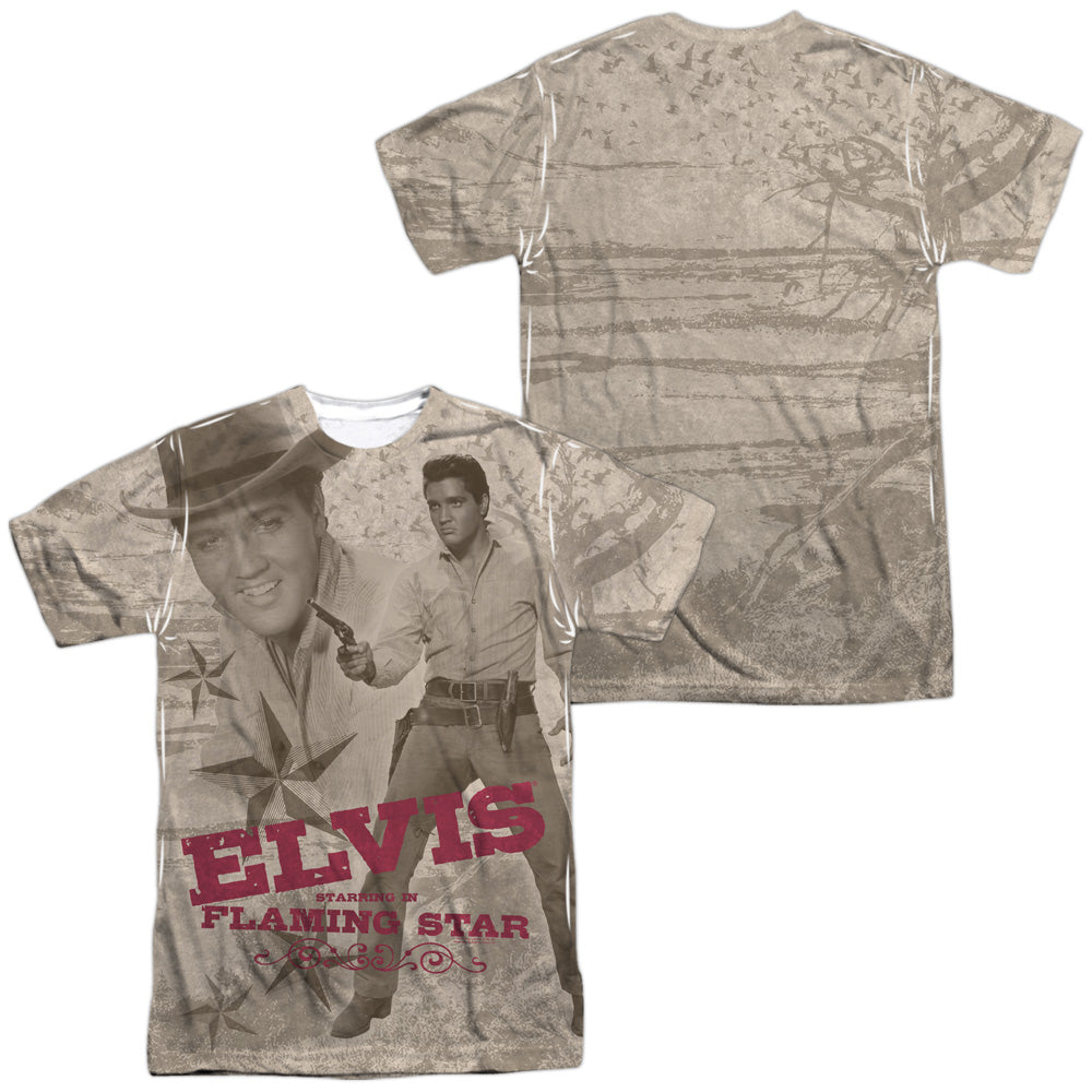 Elvis Presley - Flaming Star (Front/back Print) - Short Sleeve Adult 100% Poly Crew - White T-shirt