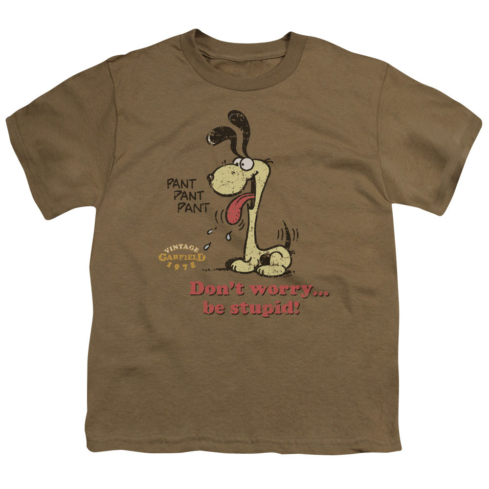 Garfield - Dont Worry Be Stupid - Short Sleeve Youth 18/1 - Safari Green T-shirt