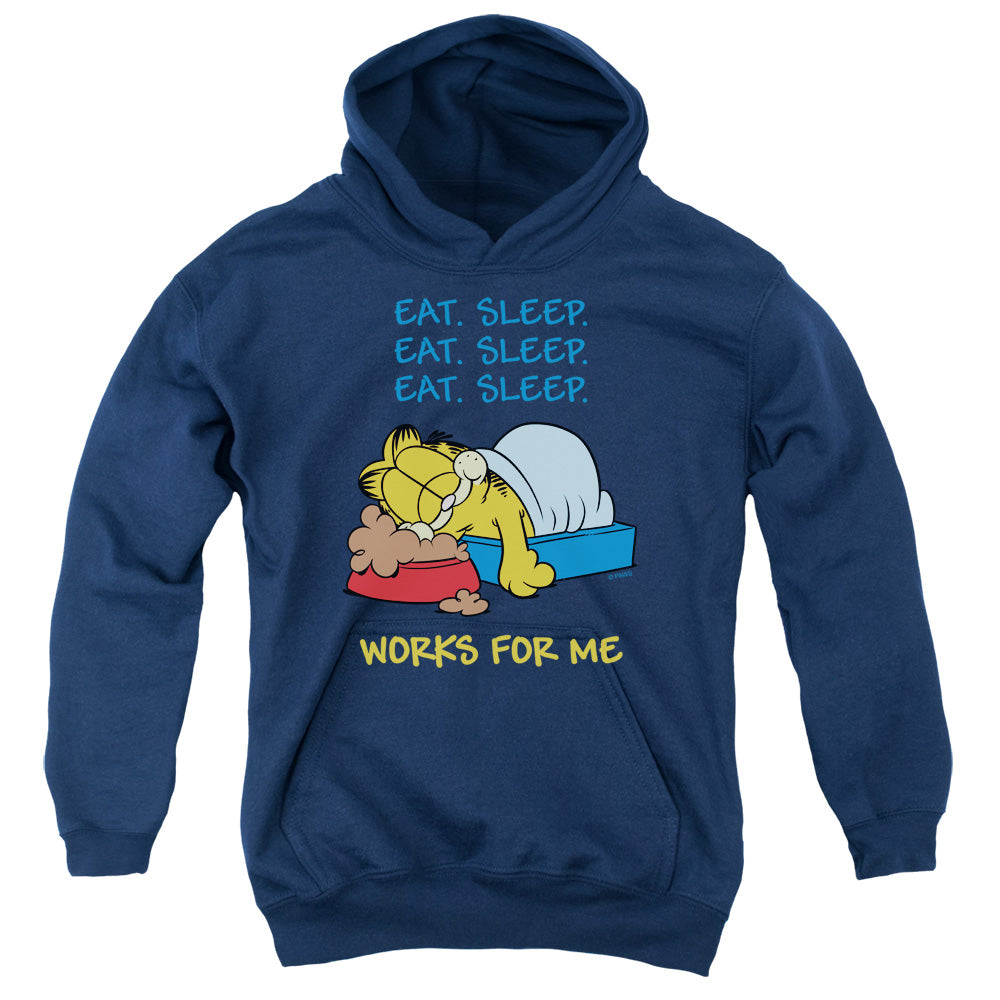 Garfield - Works For Me - Youth Pull-over Hoodie - Navy