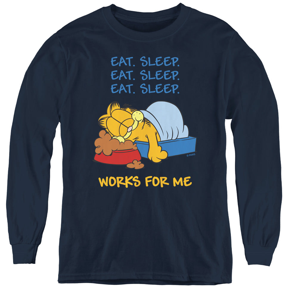 Garfield Works For Me - Youth Long Sleeve Tee - Navy