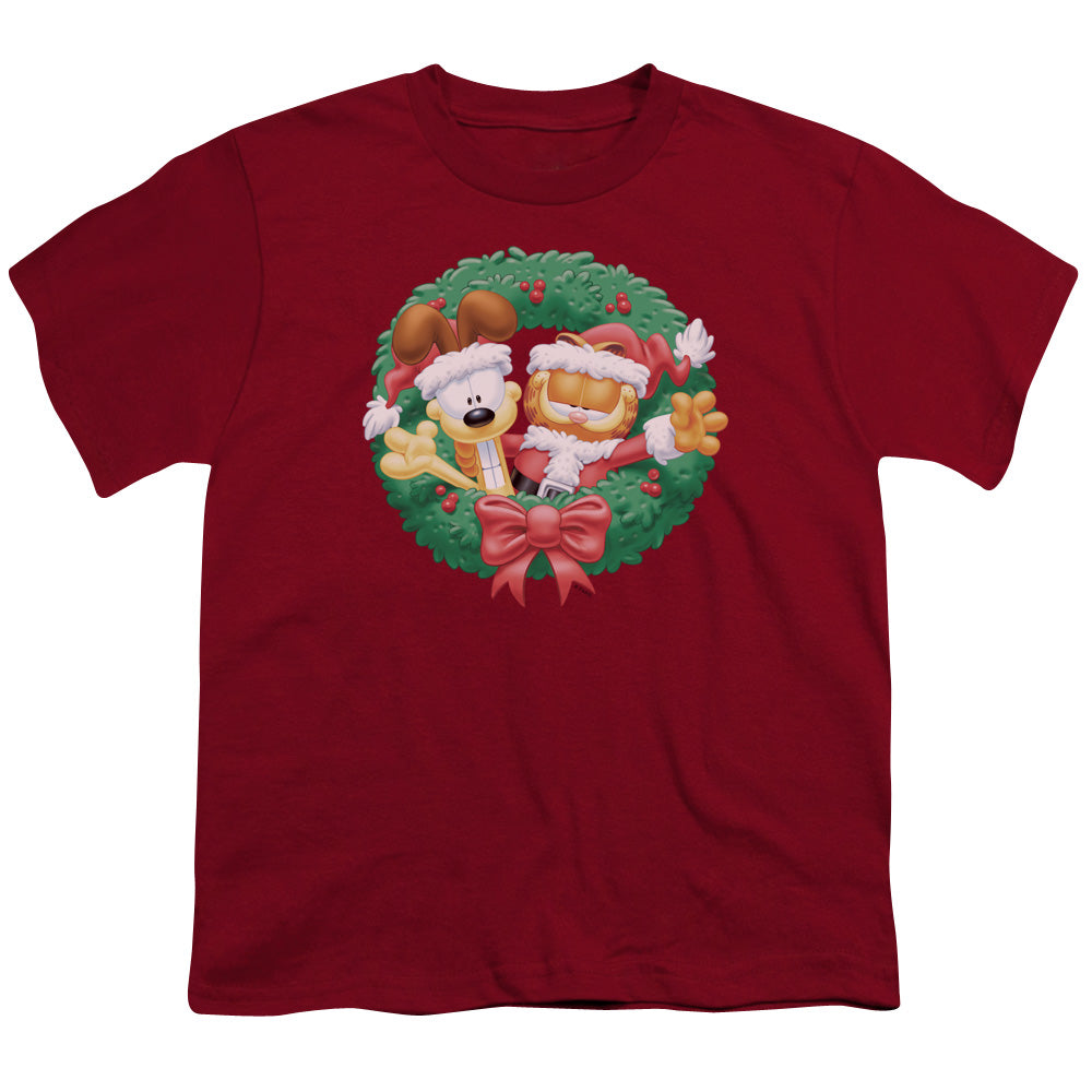Garfield - Christmas Wreath - Short Sleeve Youth 18/1 - Cardinal T-shirt