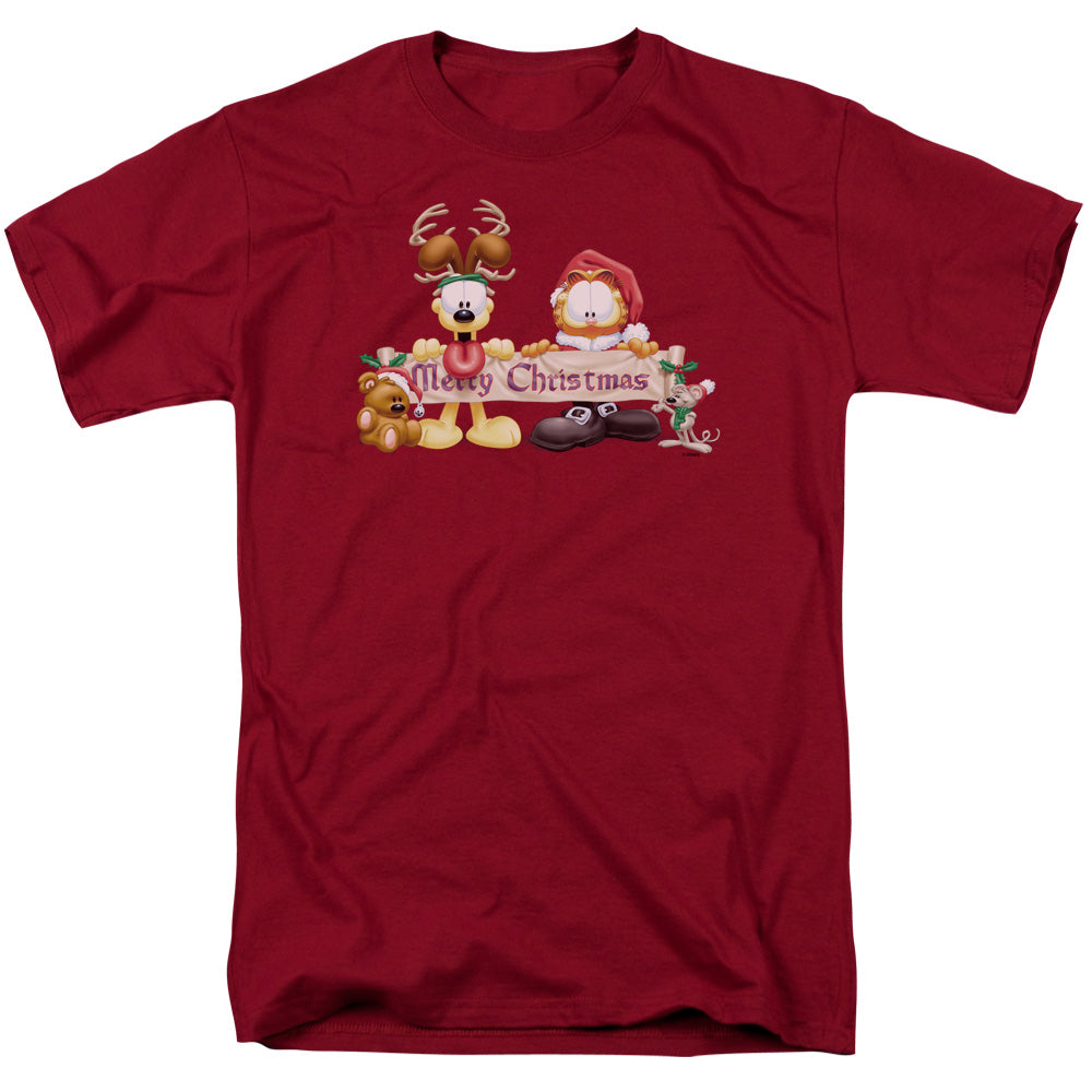 Garfield - Christmas Banner - Short Sleeve Adult 18/1 - Cardinal T-shirt