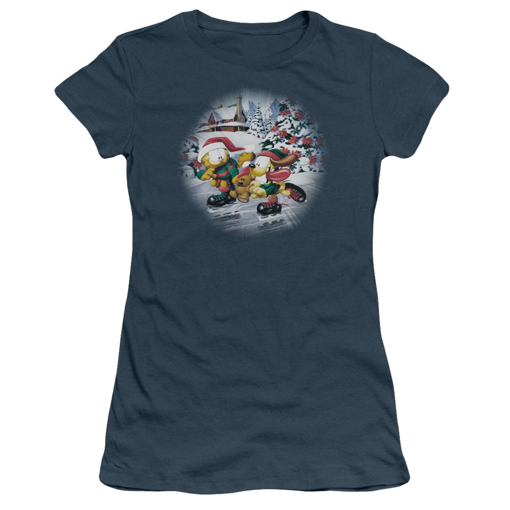 Garfield - Ice Skating - Short Sleeve Junior Sheer - Indigo T-shirt