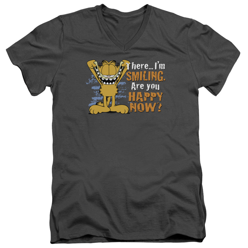 Garfield - Smiling - Short Sleeve Adult V-neck - Charcoal T-shirt