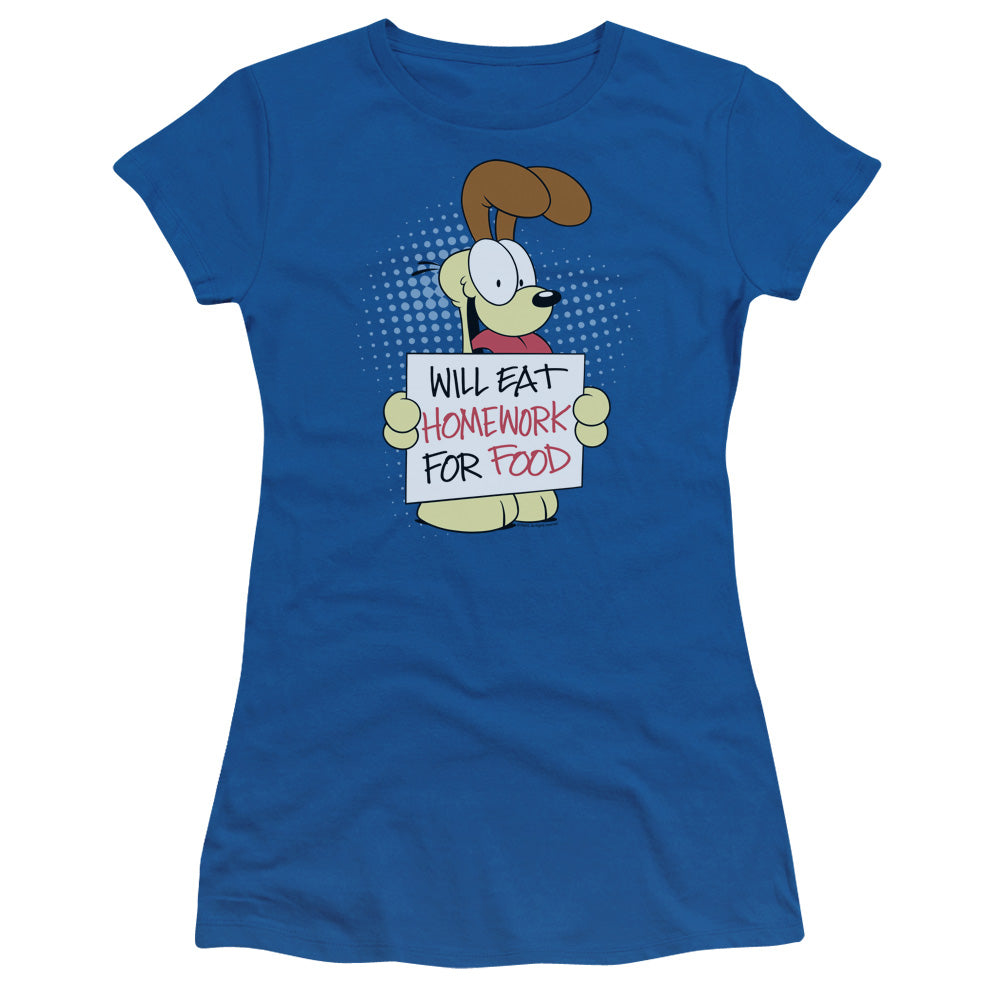 Garfield - Will Eat Homework - Short Sleeve Junior Sheer - Royal Blue T-shirt