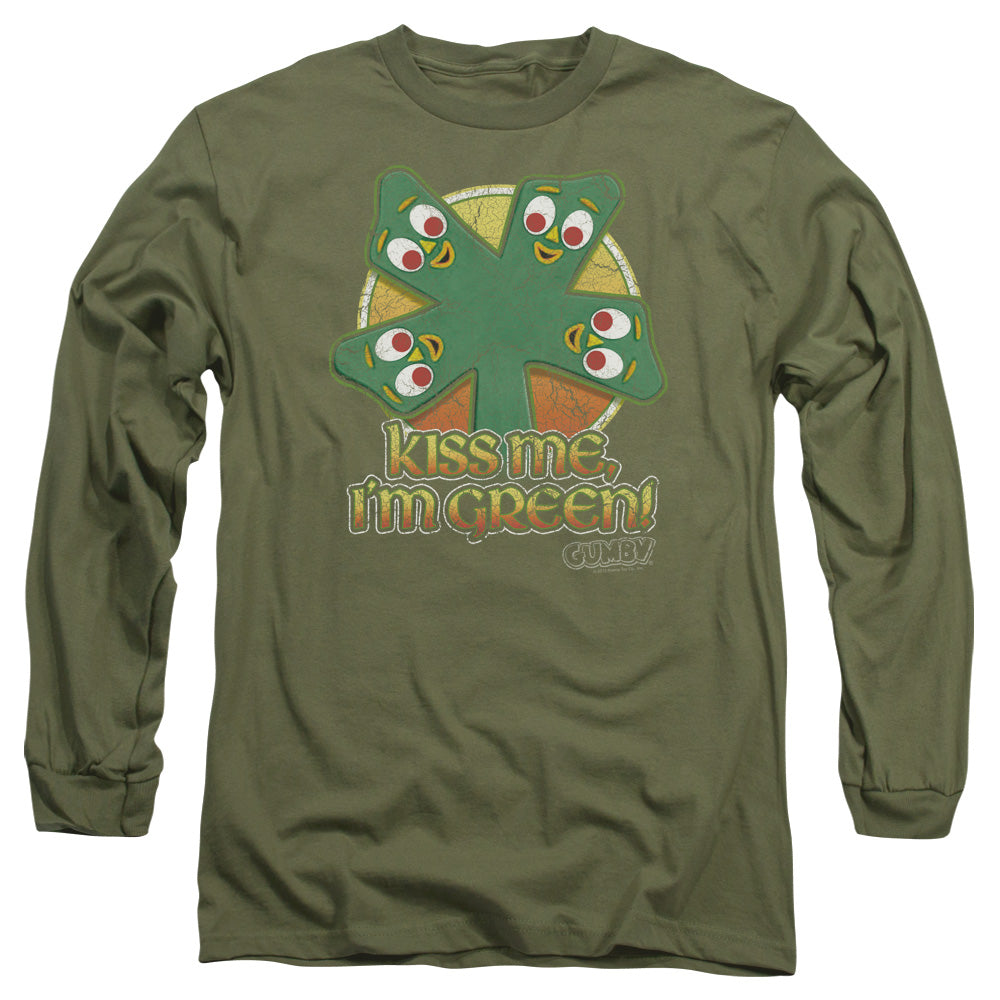 Gumby - Kiss Me - Long Sleeve Adult 18/1 - Military Green T-shirt