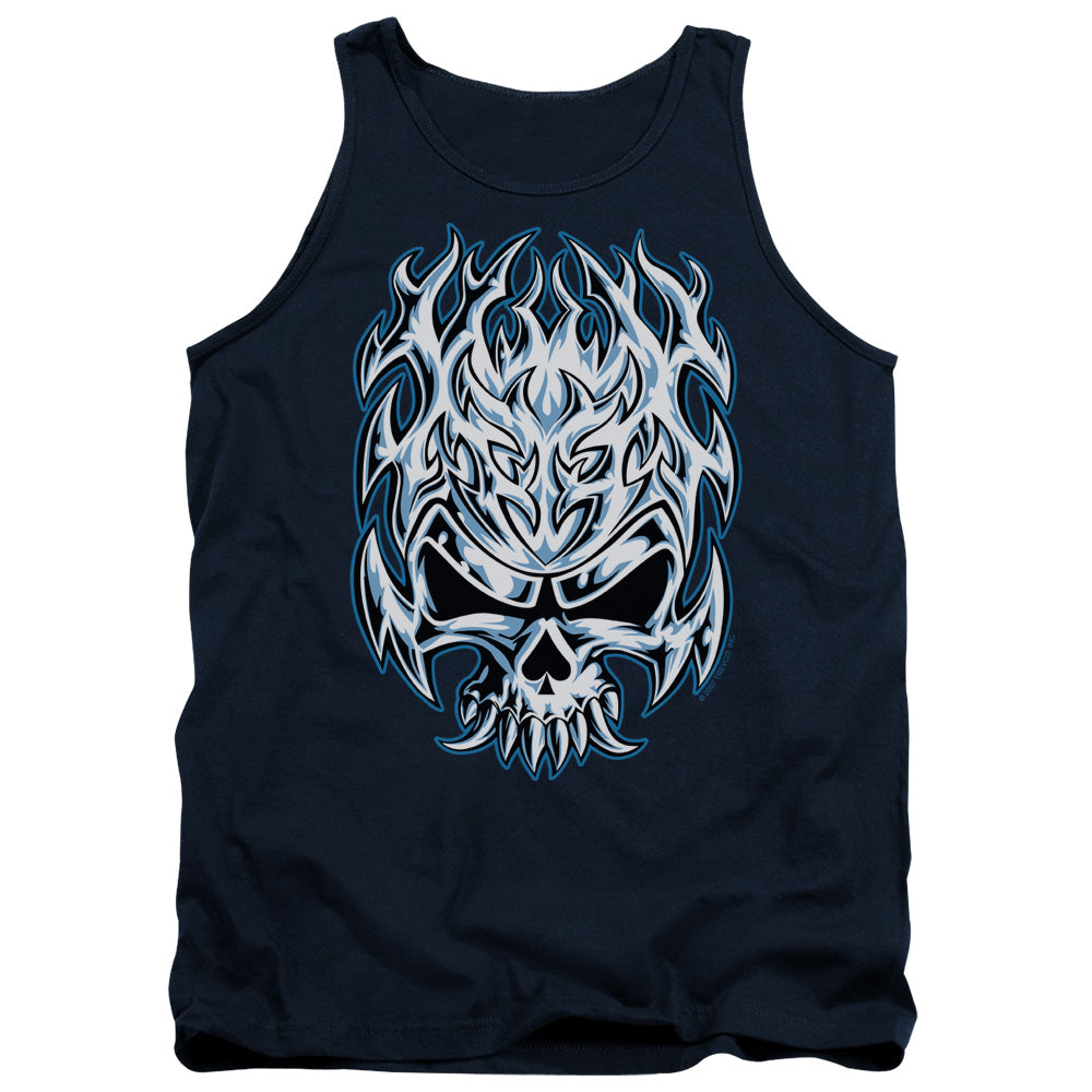 Flaming Chrome Skull - Adult Tank - Navy