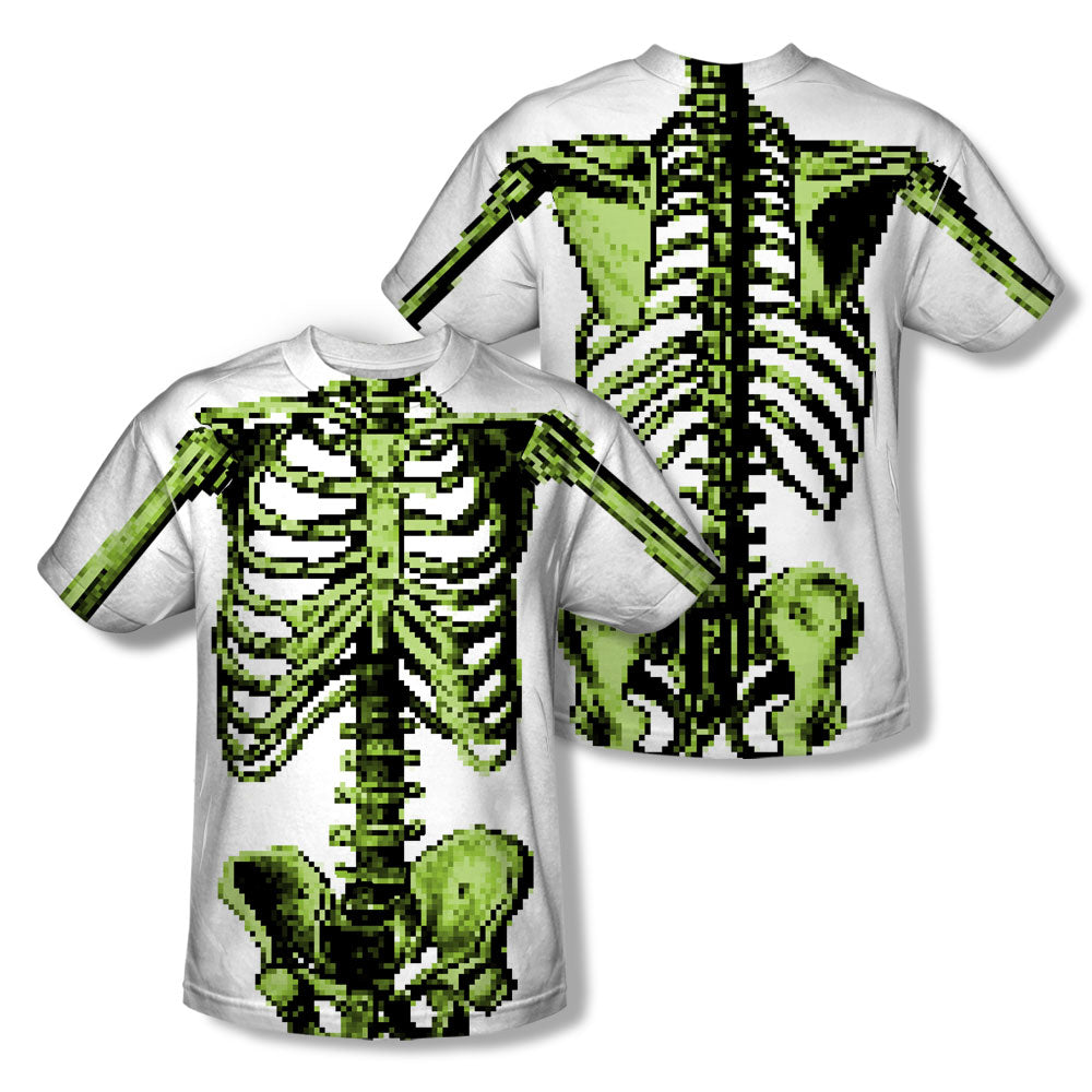 8 Bit Skeleton (Front - Back Print) - Short Sleeve Youth Poly Crew - White T-shirt