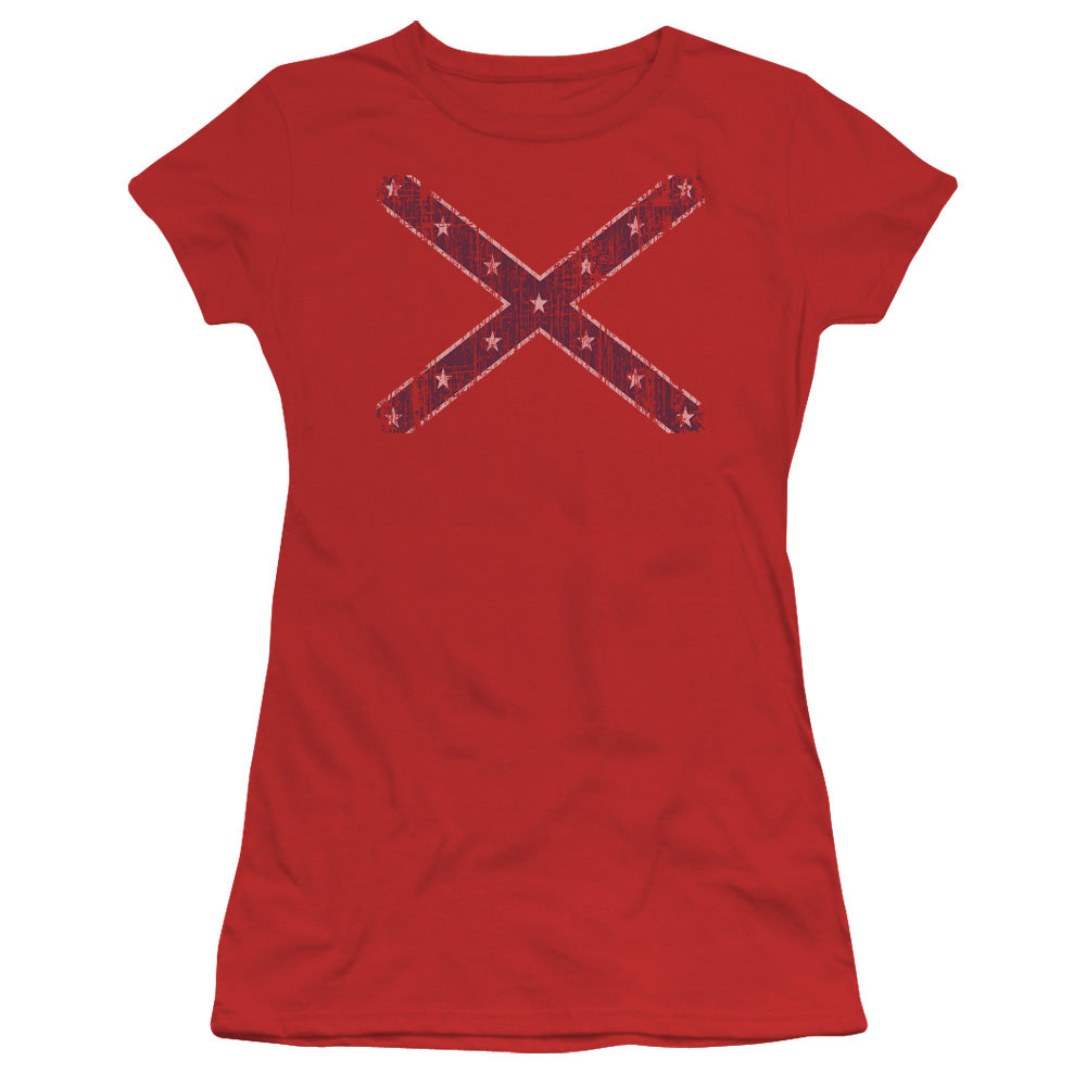 Distressed Rebel Flag - Short Sleeve Junior Sheer - Red T-shirt