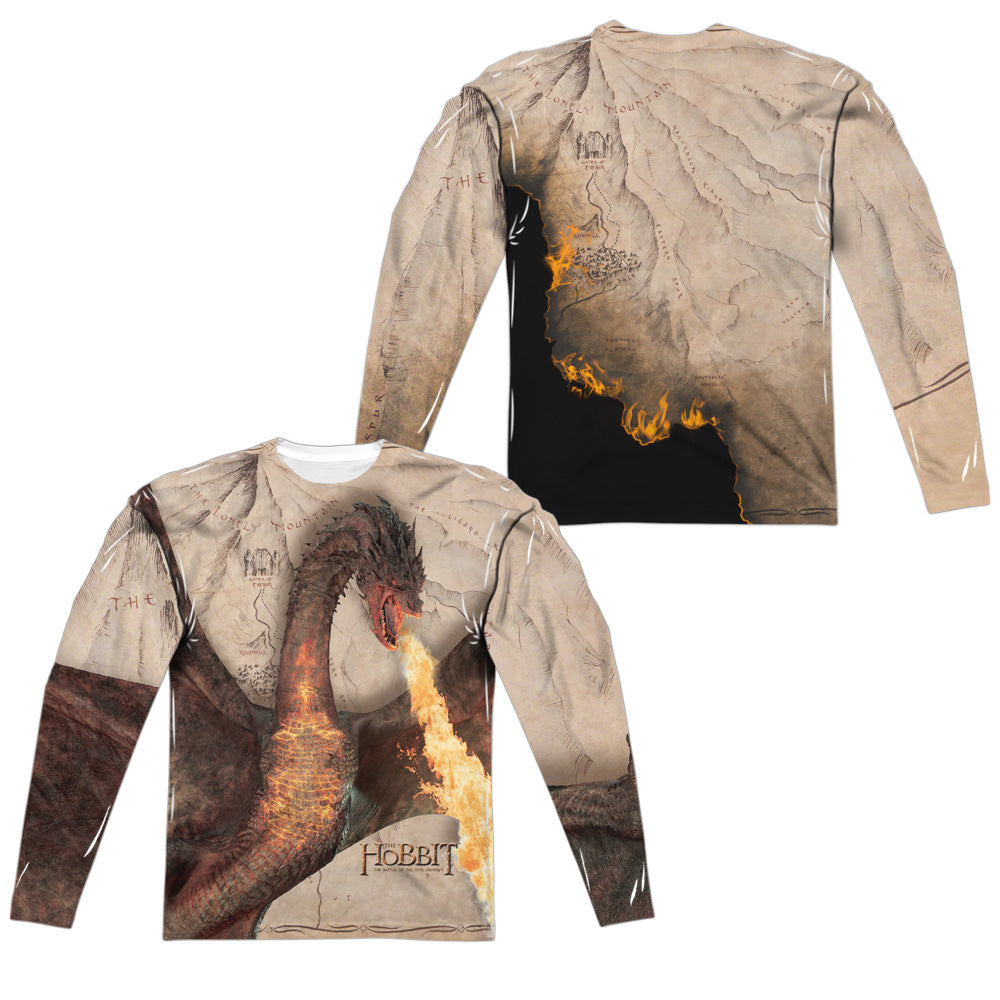 Hobbit - Smaug Attack (Front/back Print) - Long Sleeve Adult Poly Crew - White T-shirt