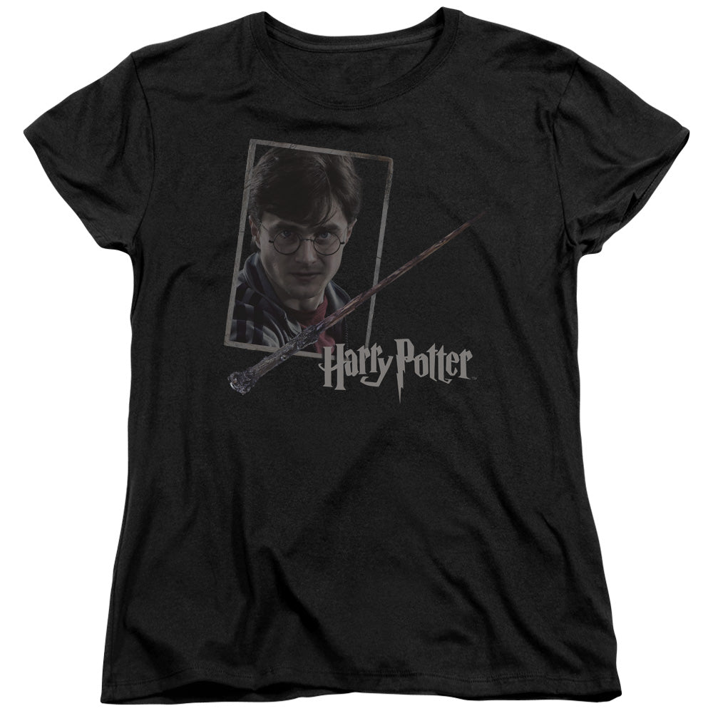 Harry Potter - Harrys Wand Portrait - Short Sleeve Womens Tee - Black T-shirt