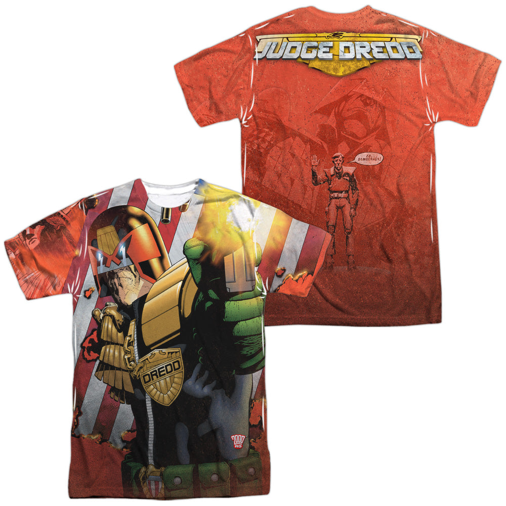 Judge Dredd - Democracy (Front/back Print) - Short Sleeve Adult Poly Crew - White T-shirt
