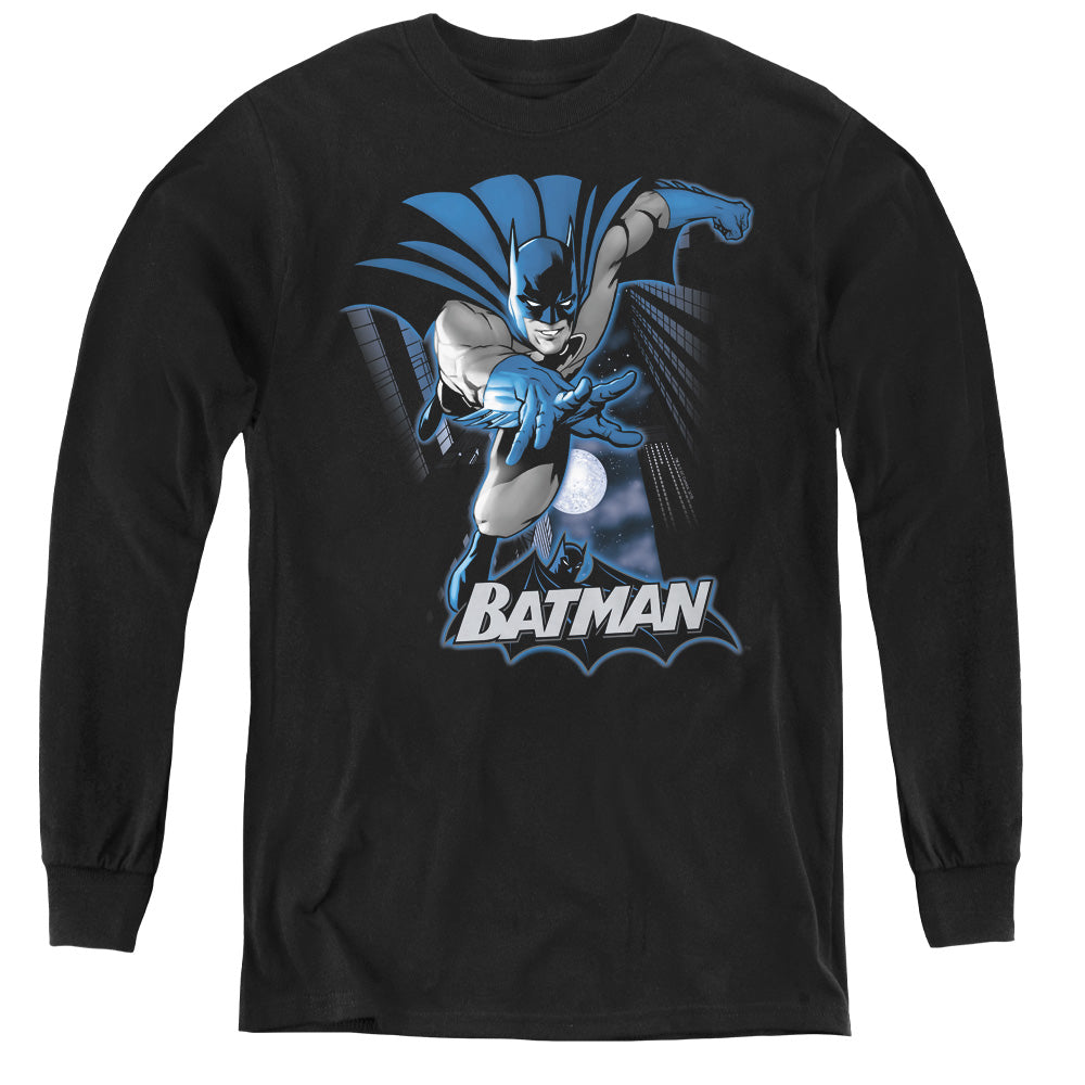 Jla - Batman Blue & Gray - Youth Long Sleeve Tee - Black