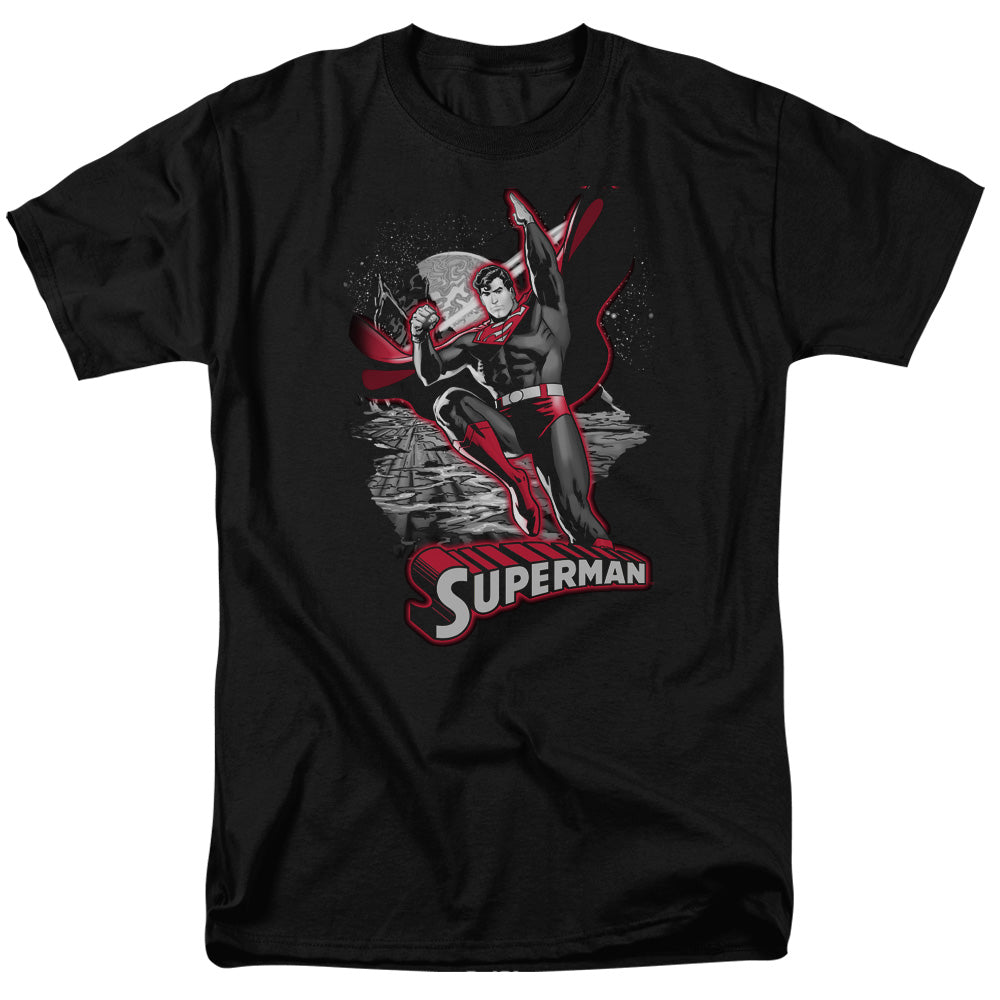 Jla - Superman Red & Gray - Short Sleeve Adult 18/1 - Black T-shirt