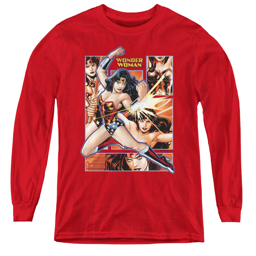Jla - Wonder Woman Panels - Youth Long Sleeve Tee - Red