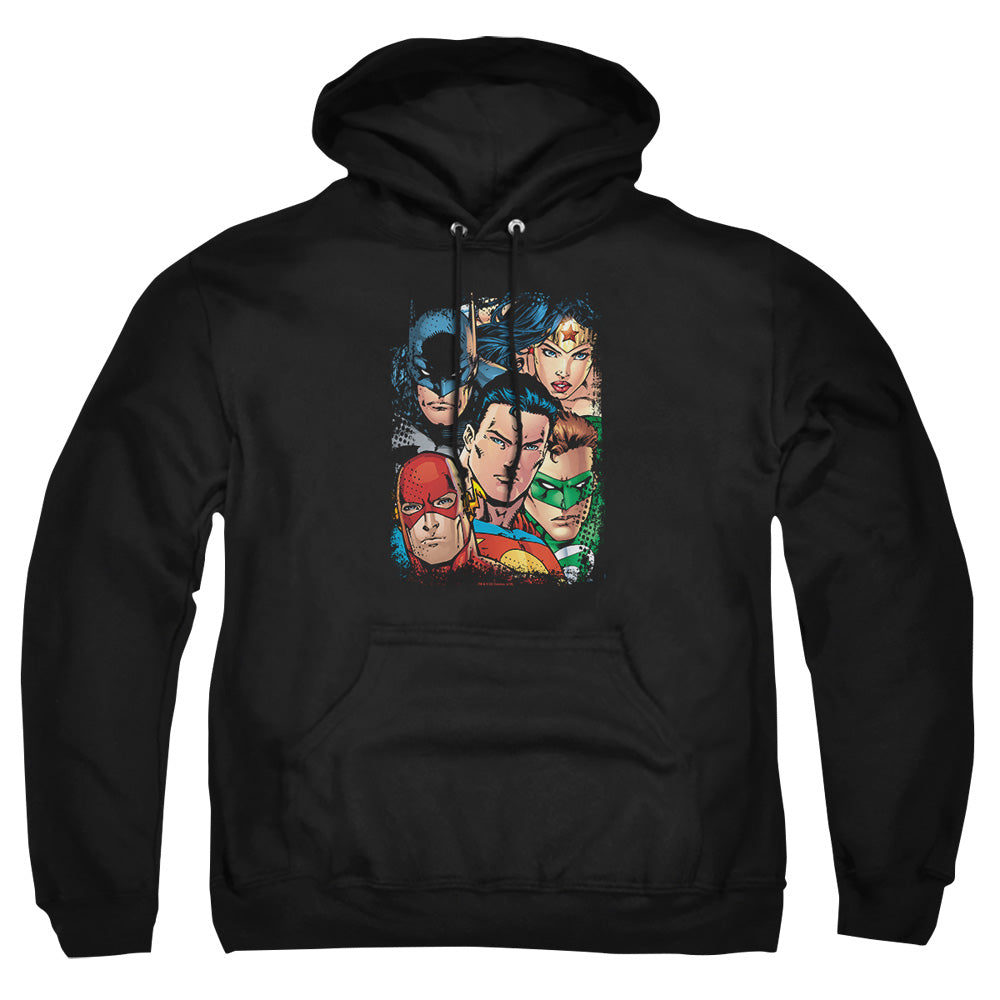 Jla - Up Close And Personal - Adult Pull-over Hoodie - Black