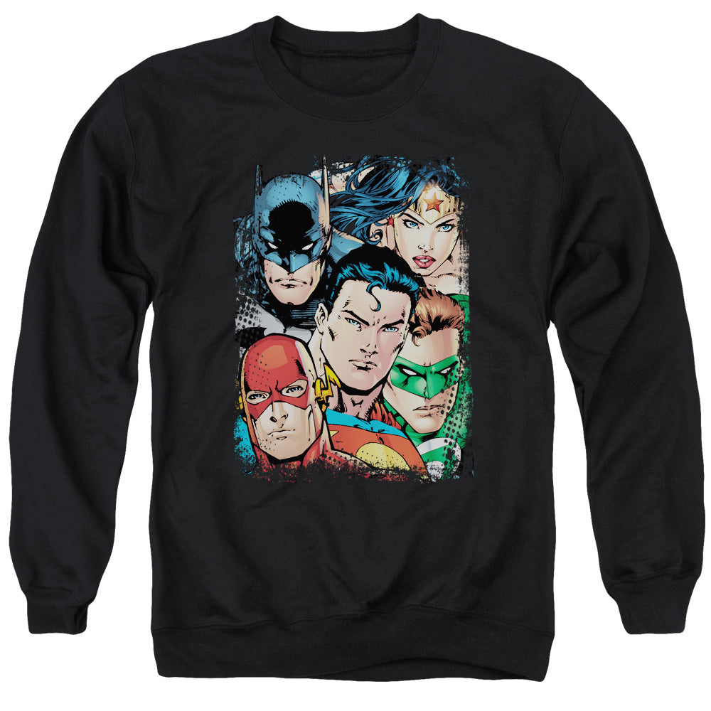 Jla - Up Close And Personal - Adult Crewneck Sweatshirt - Black