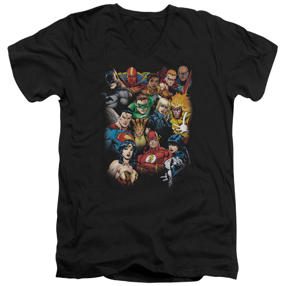 Jla - The Leagues All Here - Short Sleeve Adult V-neck - Black T-shirt