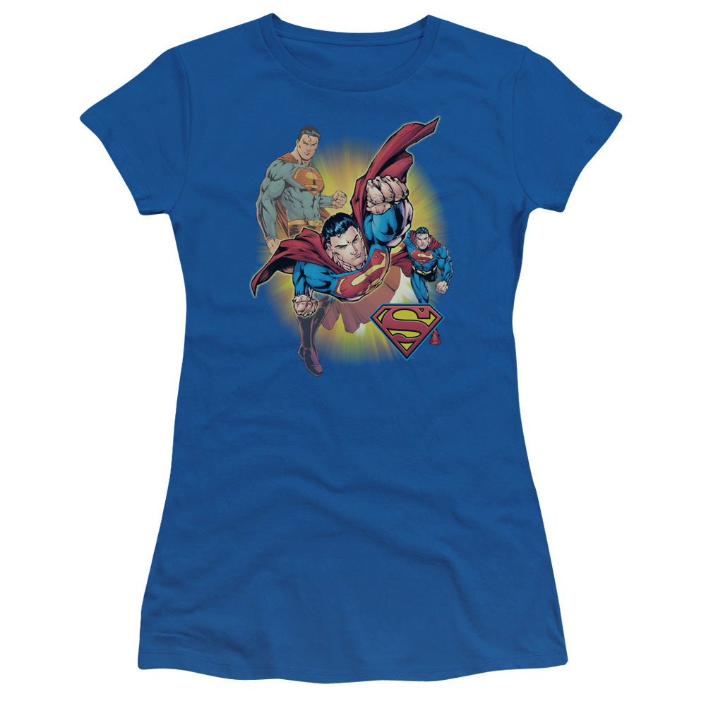 Jla - Superman Collage - Short Sleeve Junior Sheer - Royal Blue T-shirt