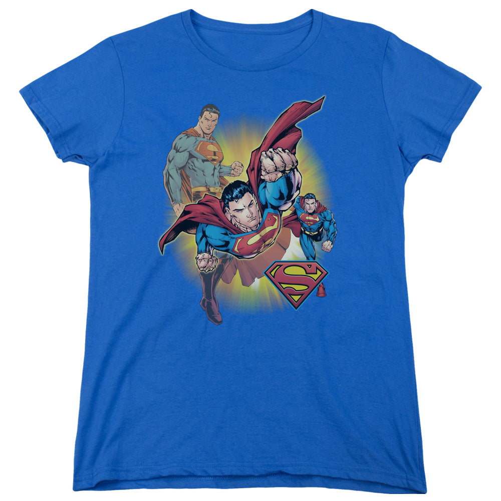 Jla - Superman Collage - Short Sleeve Womens Tee - Royal Blue T-shirt