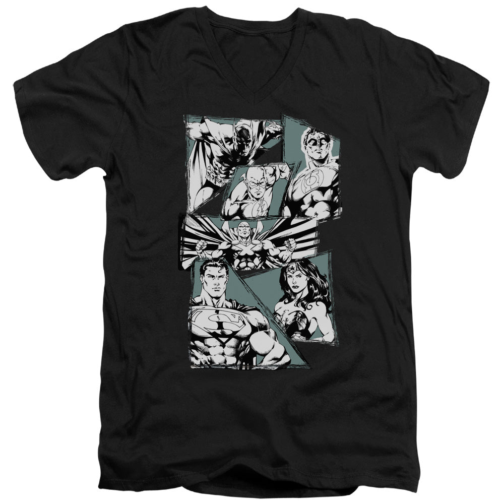 Jla - A Mighty League - Short Sleeve Adult V-neck - Black T-shirt