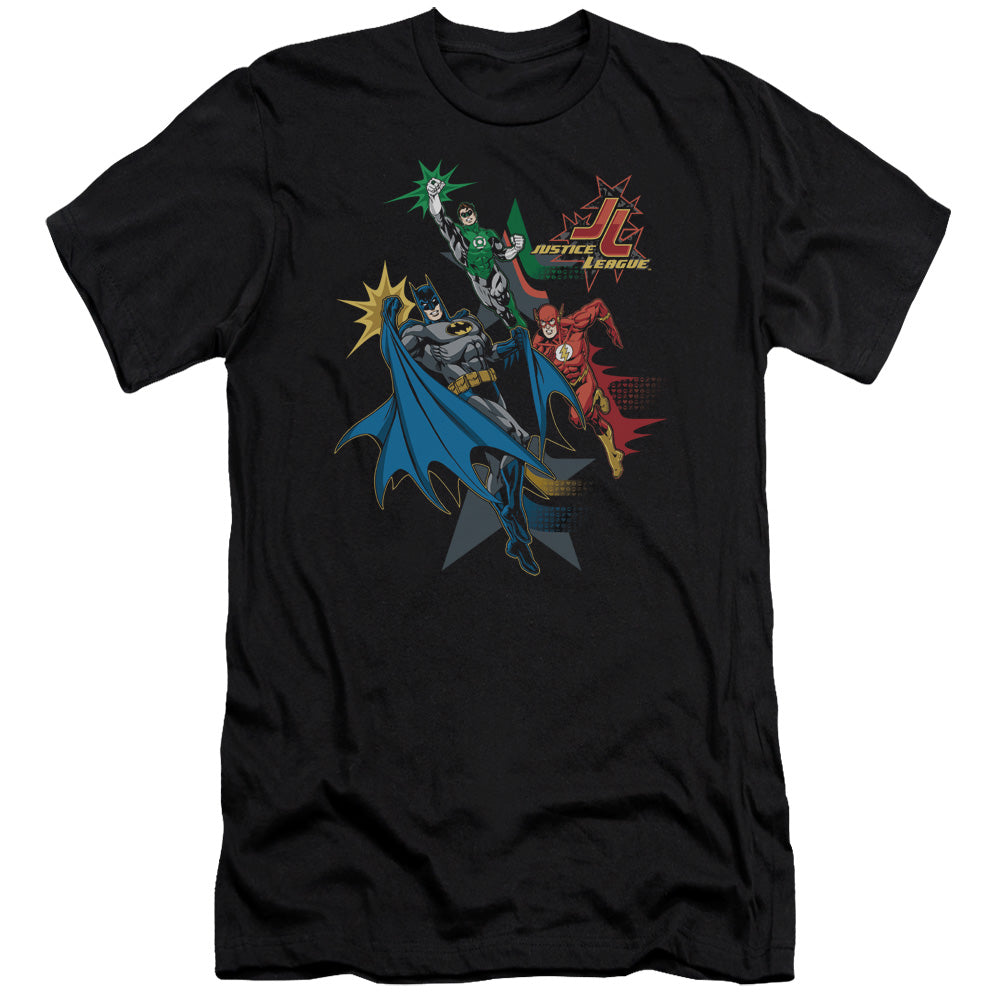 Jla - Action Stars - Short Sleeve Adult 30/1 - Black T-shirt