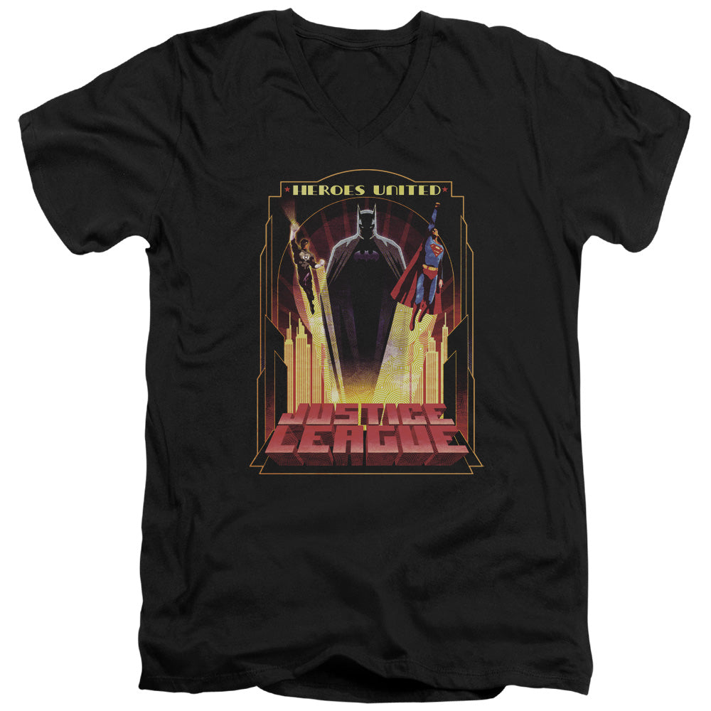 Jla - Heroes United - Short Sleeve Adult V-neck - Black T-shirt