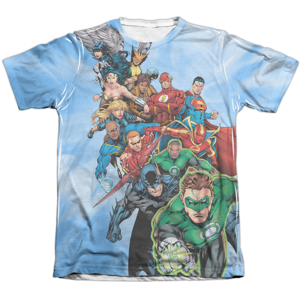 Jla - Heroes Unite - Adult 65/35 Poly/cotton Short Sleeve Tee - White T-shirt