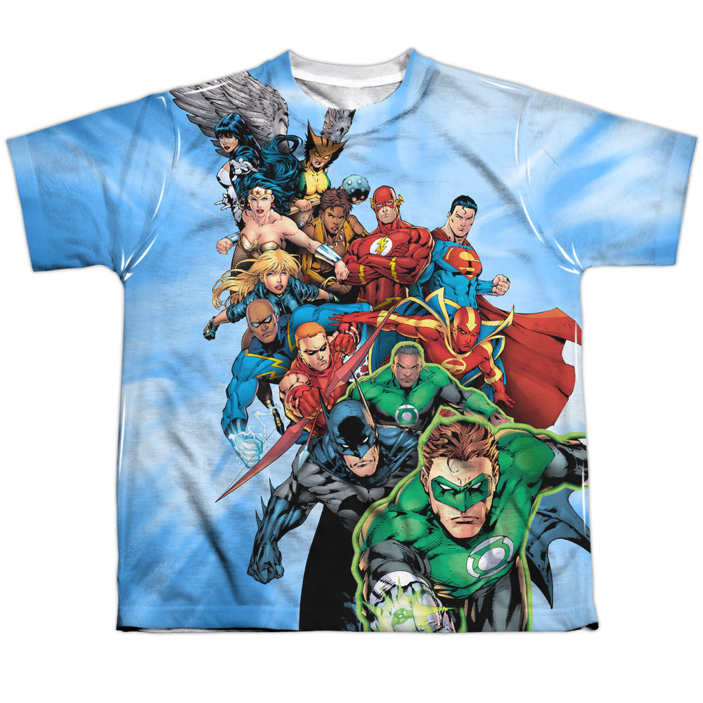 Jla - Heroes Unite - Short Sleeve Youth Poly Crew - White T-shirt