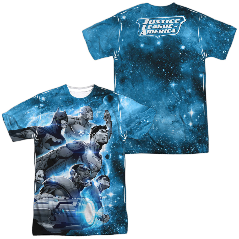 Jla - Atmospheric (Front/back Print) - Short Sleeve Adult 100% Poly Crew - White T-shirt