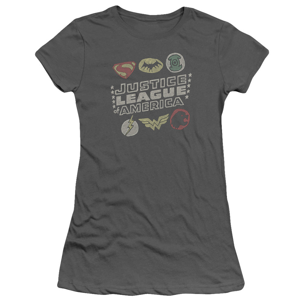 Jla - Symbols - Short Sleeve Junior Sheer - Charcoal T-shirt