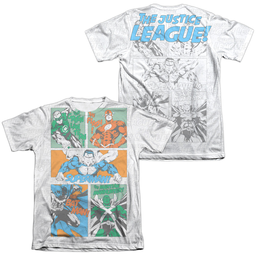 Jla - Justice Panels (Front/back Print) - Adult Poly/cotton Short Sleeve Tee - White T-shirt