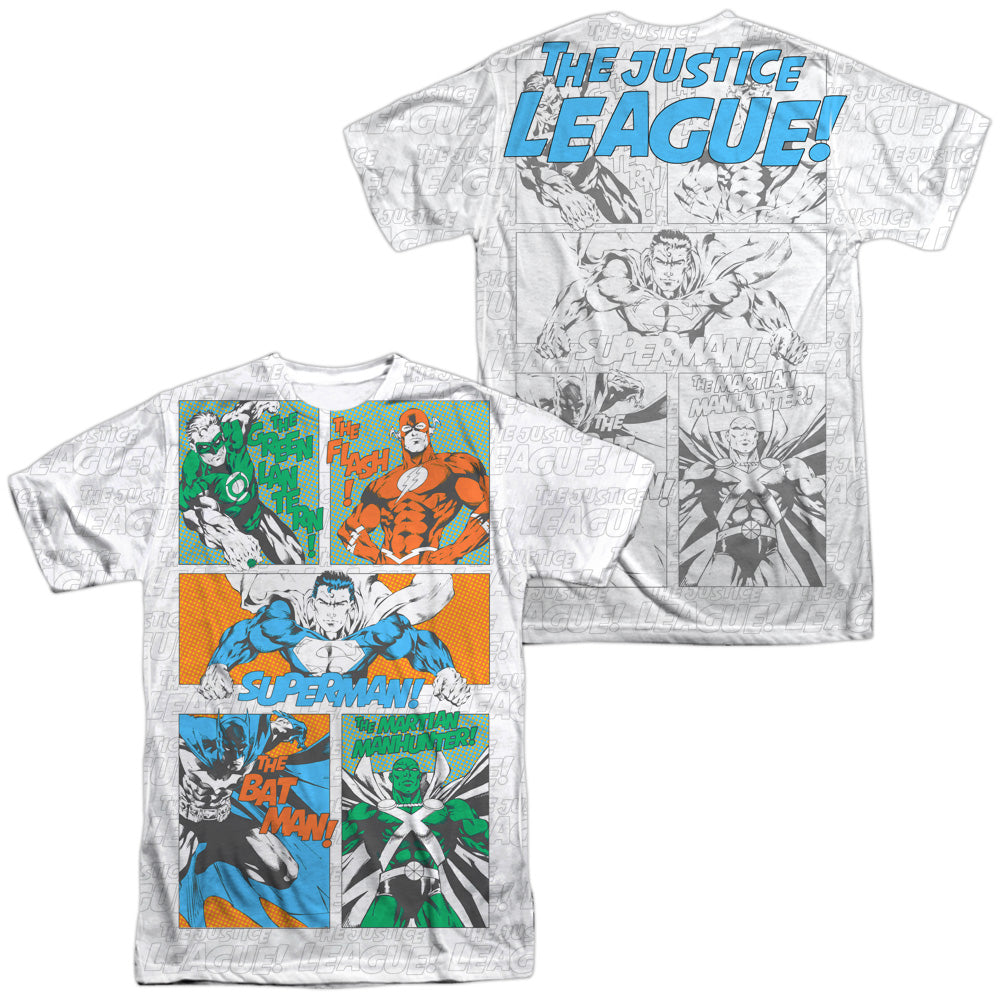 Jla - Justice Panels (Front/back Print) - Short Sleeve Adult Poly Crew - White T-shirt