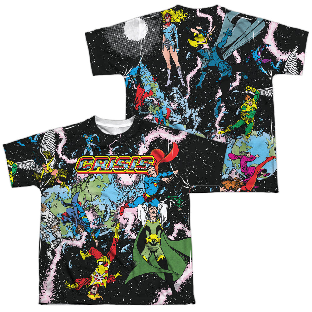 Jla - Crisis Variant (Front/back Print) - Short Sleeve Youth Poly Crew - White T-shirt