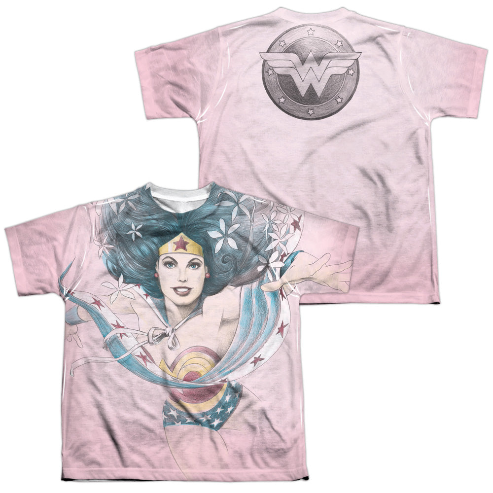 Jla - Sketched (Front/back Print) - Short Sleeve Youth Poly Crew - White T-shirt