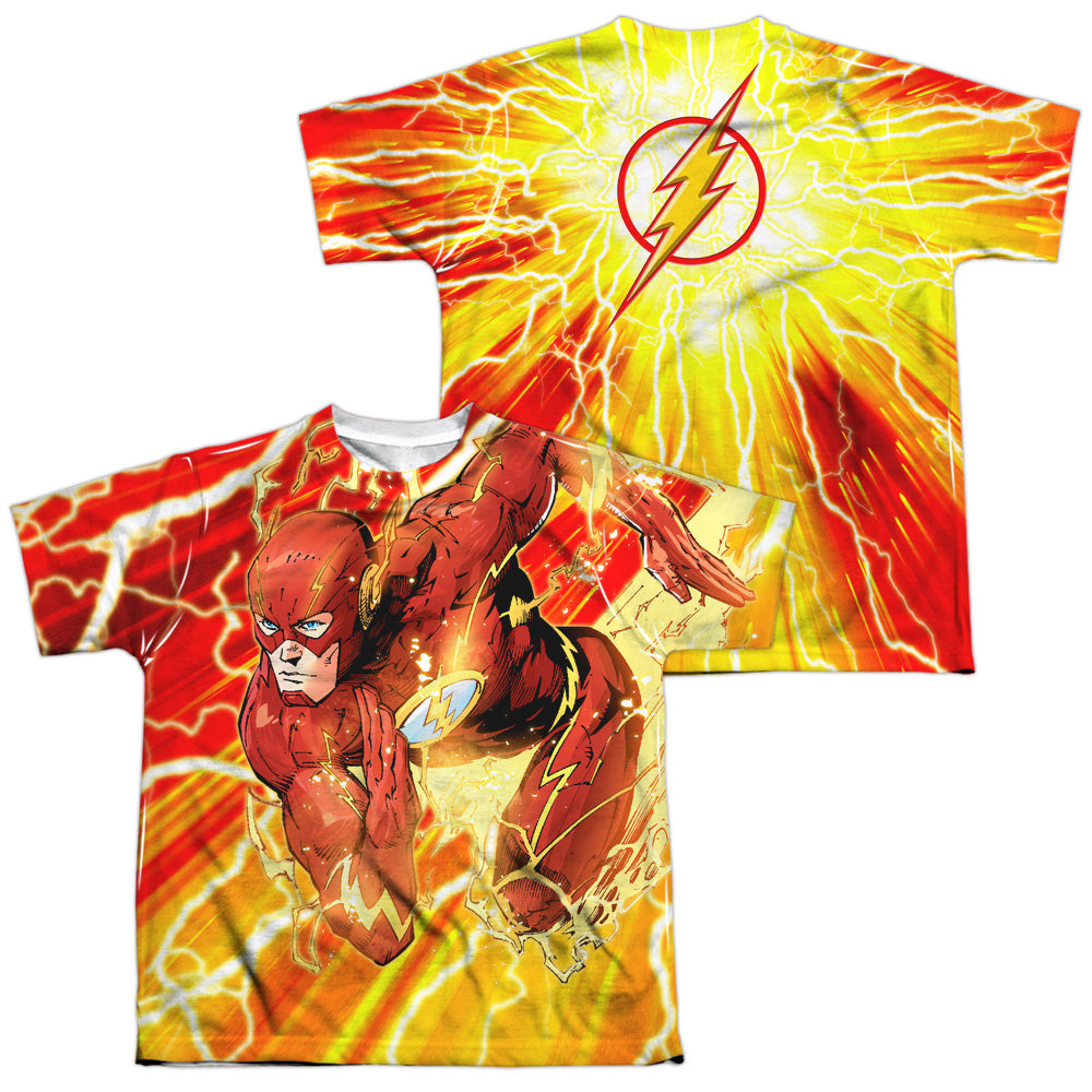 Jla - Lightning Dash (Front/back Print) - Short Sleeve Youth Poly Crew - White T-shirt