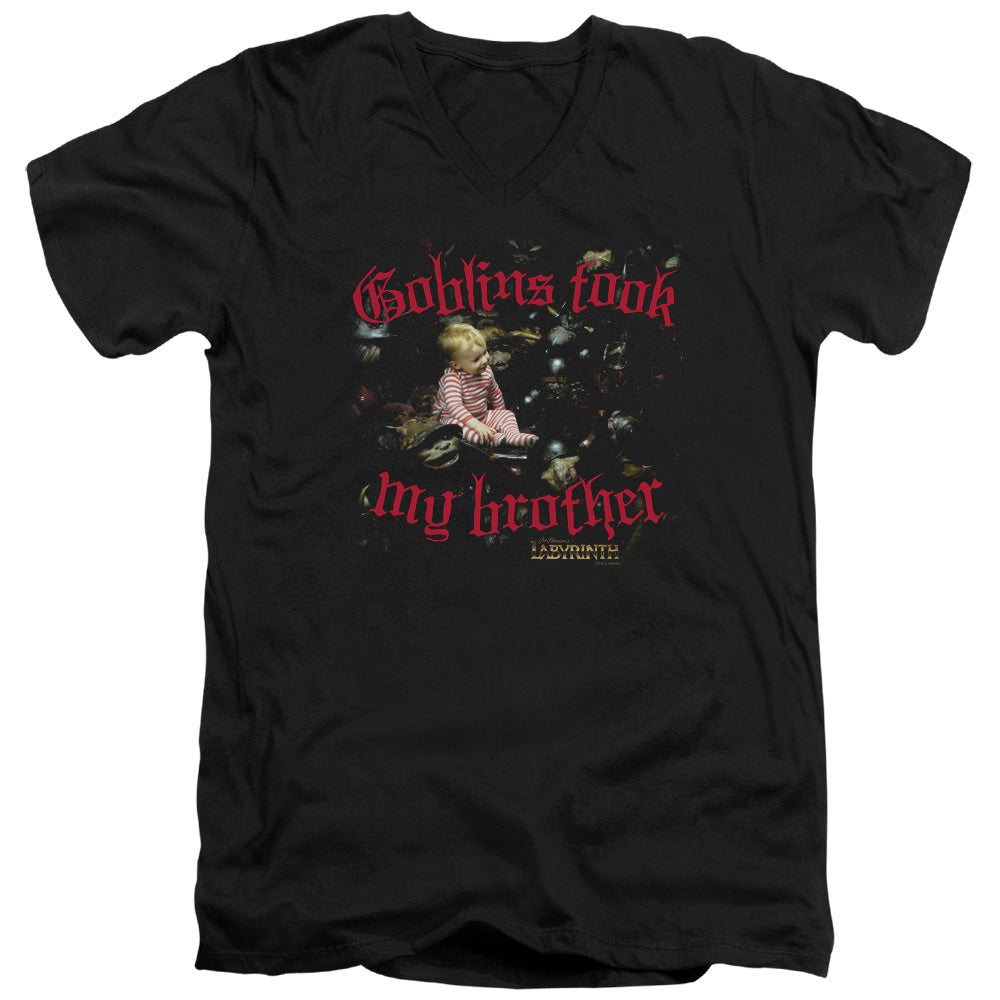 Labyrinth - Goblins Took My Brother - Short Sleeve Adult V-neck - Black T-shirt