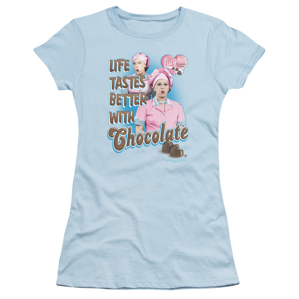 I Love Lucy - Better With Chocolate - Short Sleeve Junior Sheer - Light Blue T-shirt