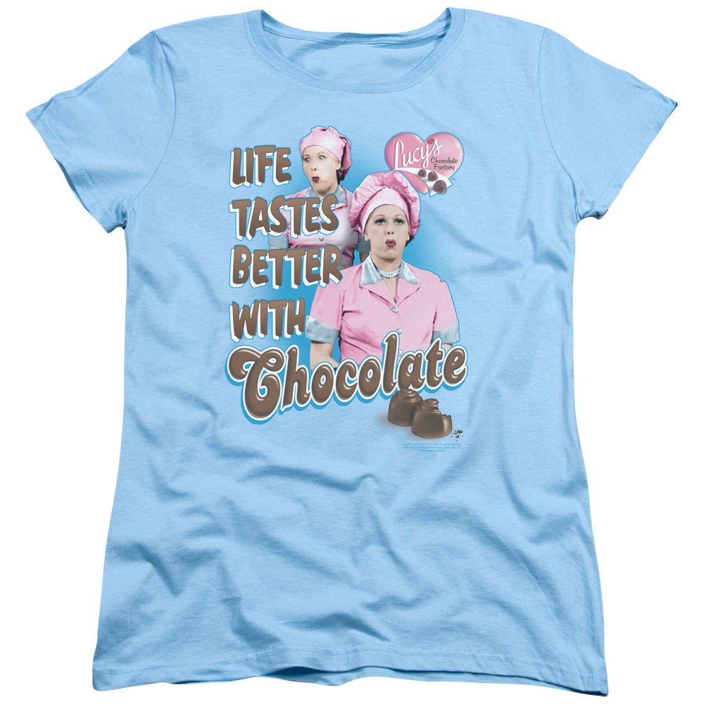 I Love Lucy - Better With Chocolate - Short Sleeve Womens Tee - Light Blue T-shirt