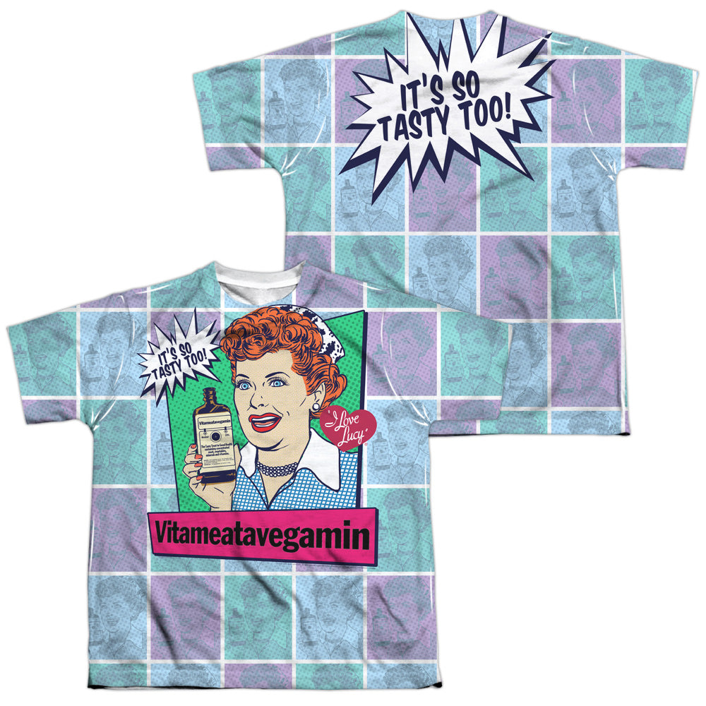 I Love Lucy - All Over Vita Comic (Front/back Print) - Short Sleeve Youth Poly Crew - White T-shirt