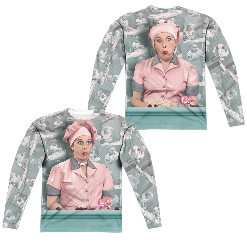 I Love Lucy - Chocolate Belt (Front/back Print) - Long Sleeve Adult Poly Crew - White T-shirt