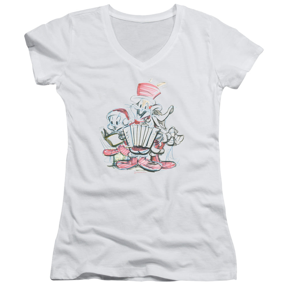 Looney Tunes - Holiday Sketch-junior V-neck - White