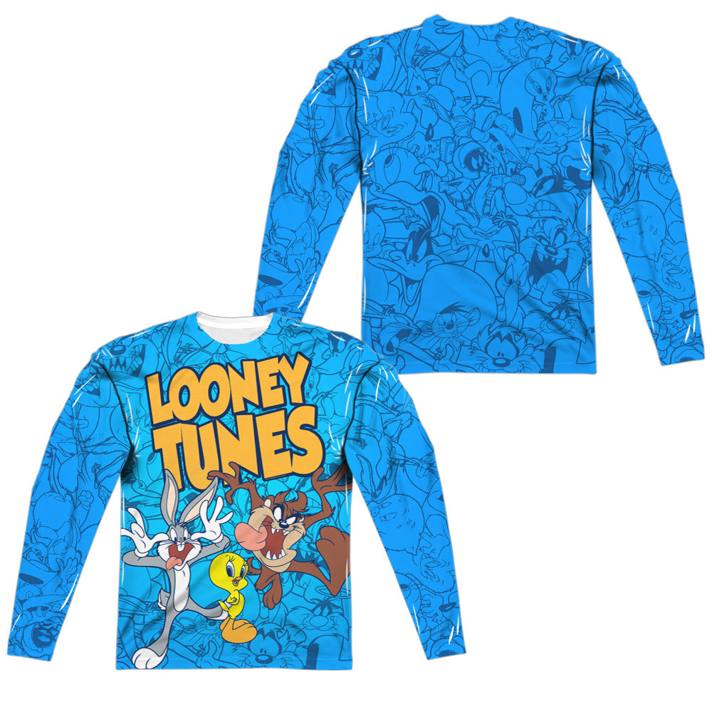 Looney Tunes - Collage Of Characters (Front/back Print) - Long Sleeve Adult Poly Crew - White T-shirt