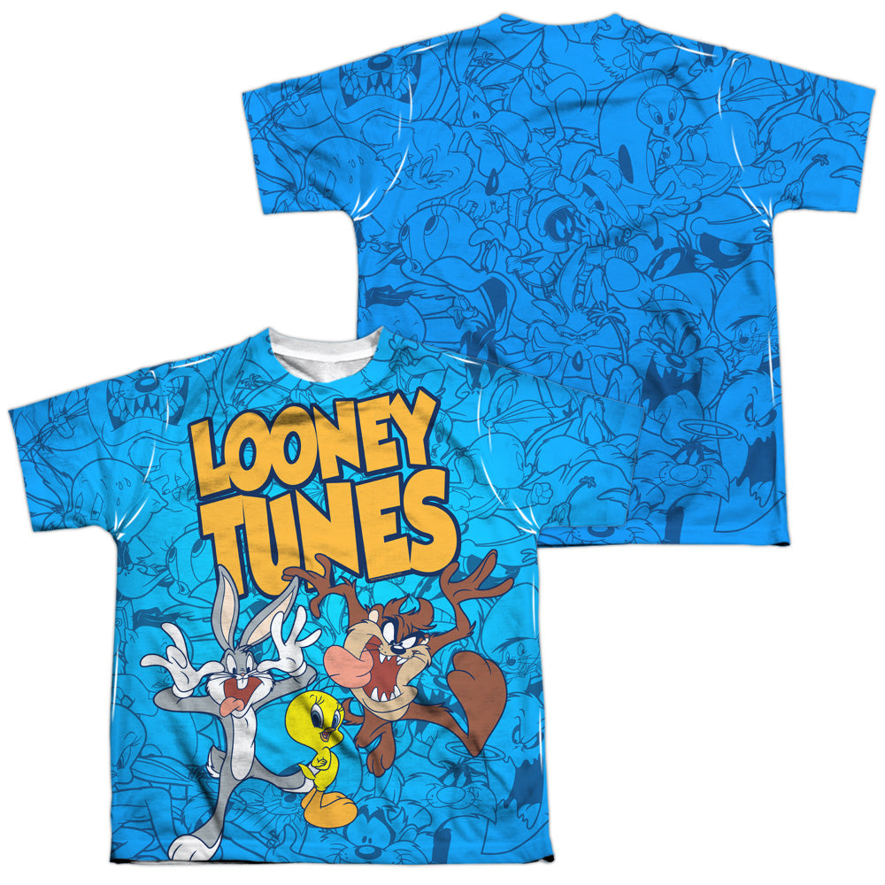 Looney Tunes - Collage Of Characters (Front/back Print) - Short Sleeve Youth Poly Crew - White T-shirt